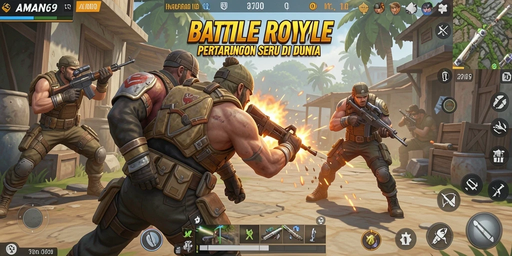 Gameplay seru di AMAN69 dengan pertarungan Battle Royale yang mendebarkan.