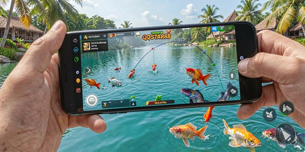Tampilan gameplay seru dari QQSTAR88 dengan momen menangkap ikan.