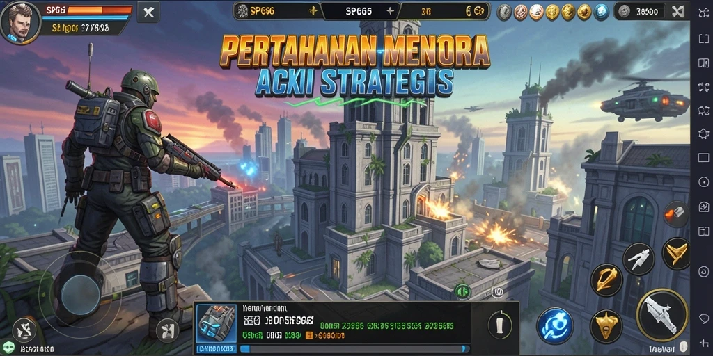 Screenshot gameplay SP666 menampilkan aksi menara pertahanan yang mendebarkan.