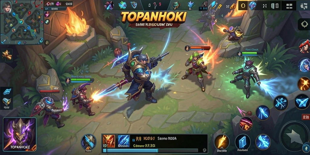 Screenshot TOPANHOKI menampilkan aksi seru dalam pertempuran MOBA.